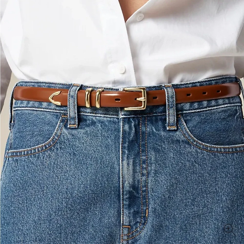 NWT J. Crew Thin Italian spazzolato leather belt glazed pecan Gold Buckle Medium